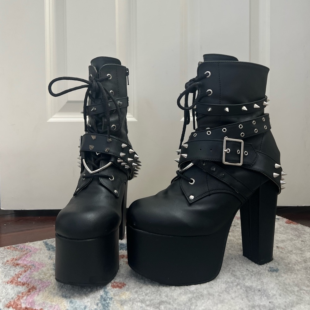 black leather spike platform booties